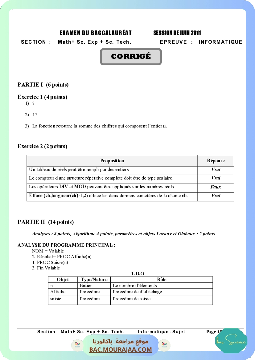 Corrigé principale info Bac 2011 – Section science